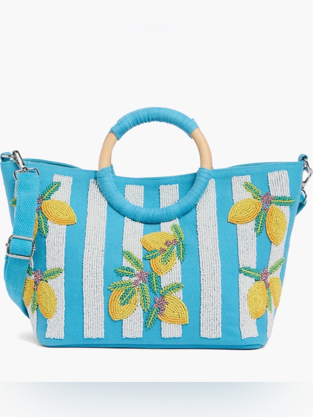 Collection XIIX Turquoise White Striped Tote with Yellow Beaded Lemon Motifs